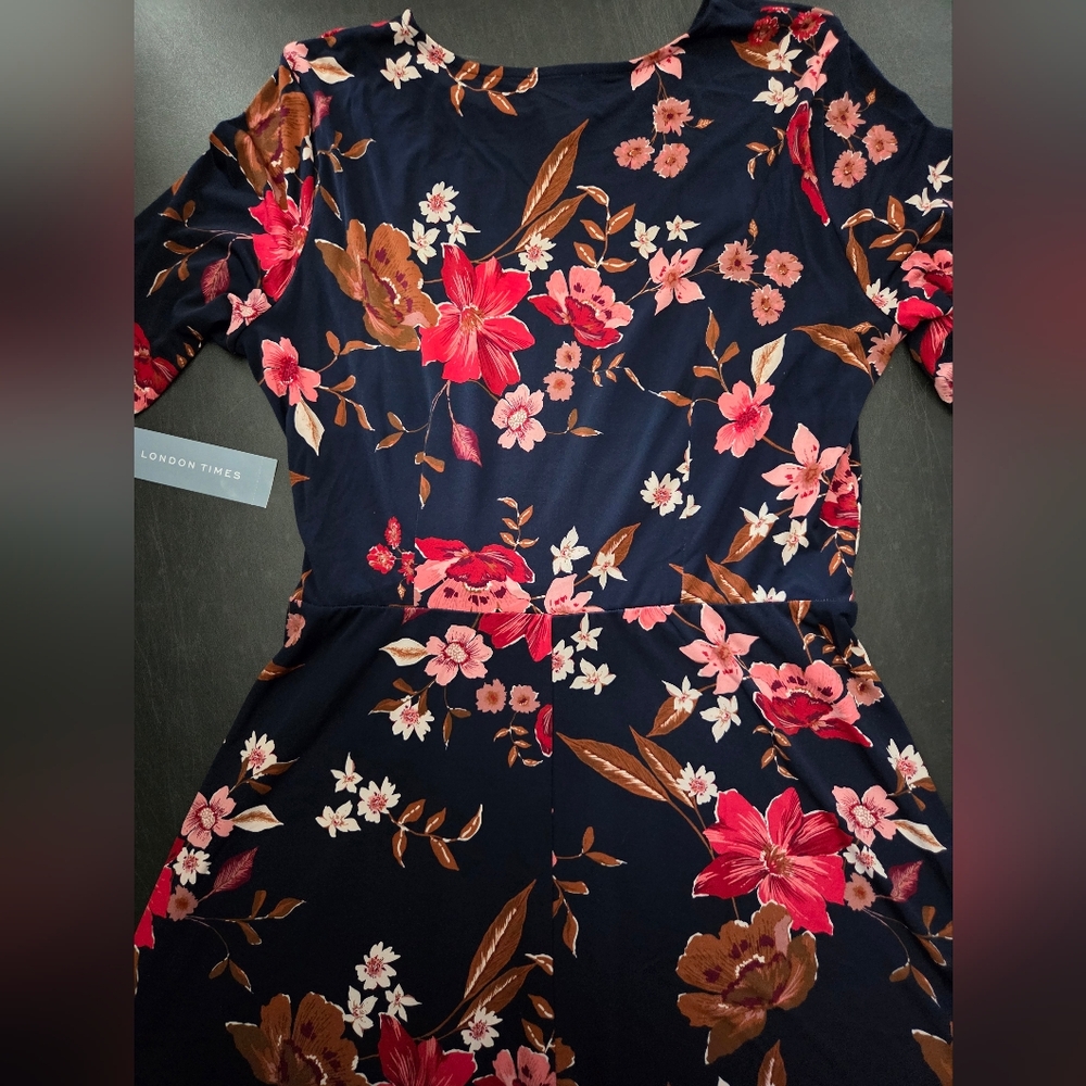 NWT-London Times Navy/Red Floral Elbow Sleeve Side Tie Fit & Flare Midi Dress-14 - Picture 15 of 16